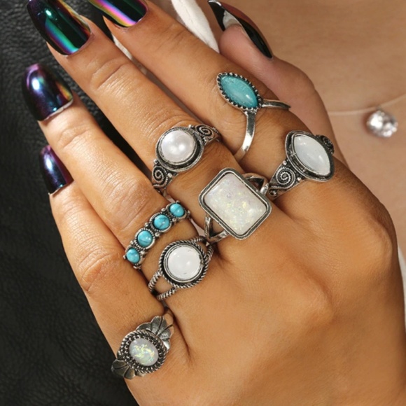 Boho Gypsy SILVER Opal Moonstone Midi Ring Set - Picture 3 of 7